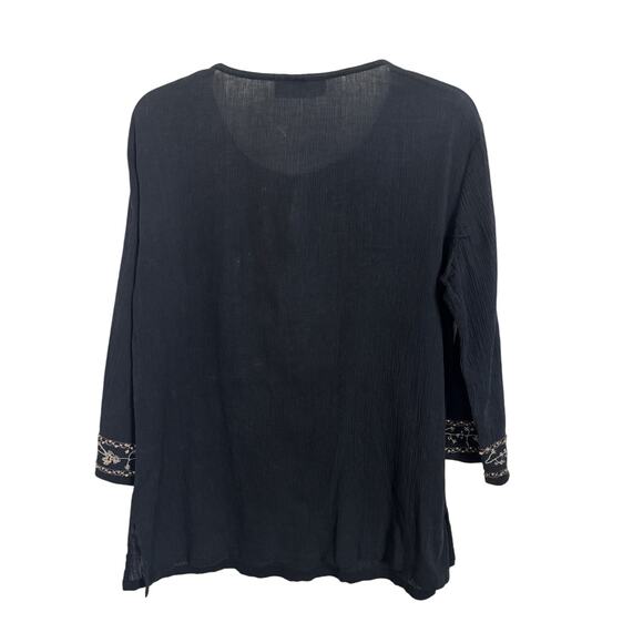 Vtg Black Gauzy Embroidered Beaded 3/4 Sleeve Top Size Medium Boho Indie Peasant - Picture 2 of 10